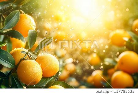 Sun-drenched orange trees laden with fruit, glistening with dew, offer a vibrant canvas 117783533