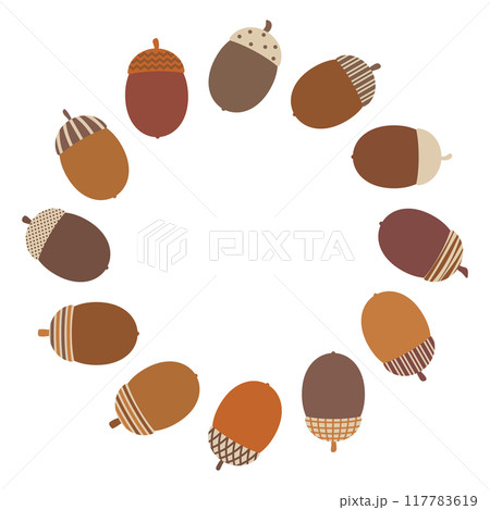 かわいい帽子を被ったどんぐりの円フレームスパイラル 117783619