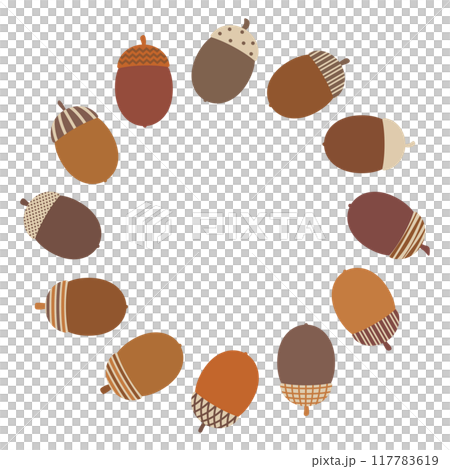 かわいい帽子を被ったどんぐりの円フレームスパイラル 117783619