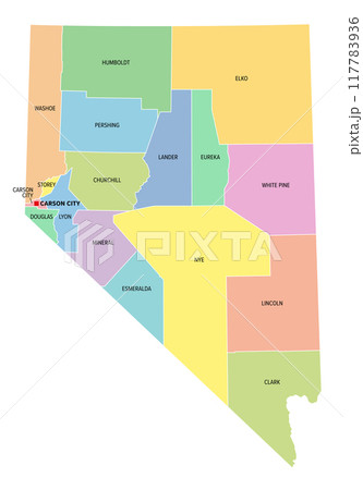 Nevada, U.S. state, multi colored political map with borders and county names. State in the Western region of the USA, subdivided into 16 counties and the independent city and capital Carson City. 117783936