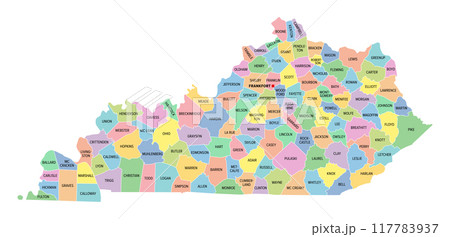 Kentucky, U.S. state, multi colored political map with borders, county names and Capital Frankfort. State in the Southeastern Region of the United States, subdivided into 120 counties. Bluegrass State 117783937