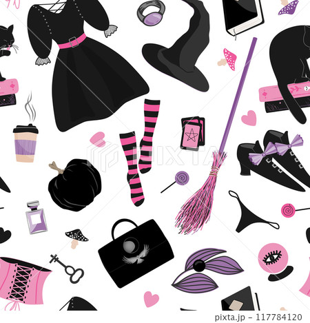 Halloween Witch accessories seamless pattern in pink and purple palette. Black dress, hat, boots, bag, broom, corset, and panties seamless pattern. Female witchcraft background Halloween Witch accessories seamless pattern in pink and purple palette. Black dress, hat, boots, bag, broom, corset, and panties seamless pattern. Female witchcraft background 117784120