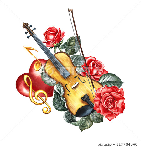A violin decorated with red roses and a golden treble clef on a red heart. The watercolor illustration is hand-drawn. For posters, flyers and invitation cards. For banners, postcards, logos, stickers. A violin decorated with red roses and a golden treble clef on a red heart. The watercolor illustration is hand-drawn. For posters, flyers and invitation cards. For banners, postcards, logos, stickers. 117784340