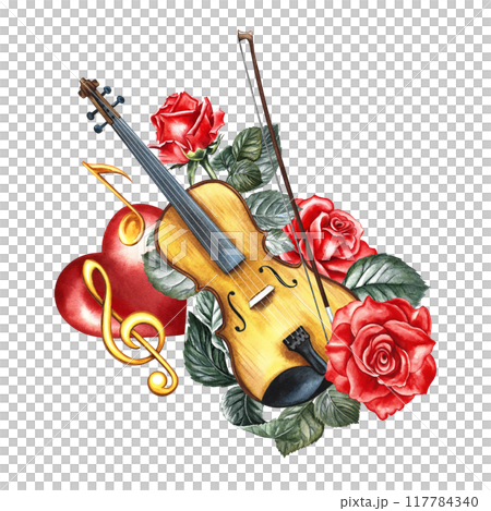 A violin decorated with red roses and a golden treble clef on a red heart. The watercolor illustration is hand-drawn. For posters, flyers and invitation cards. For banners, postcards, logos, stickers. A violin decorated with red roses and a golden treble clef on a red heart. The watercolor illustration is hand-drawn. For posters, flyers and invitation cards. For banners, postcards, logos, stickers. 117784340