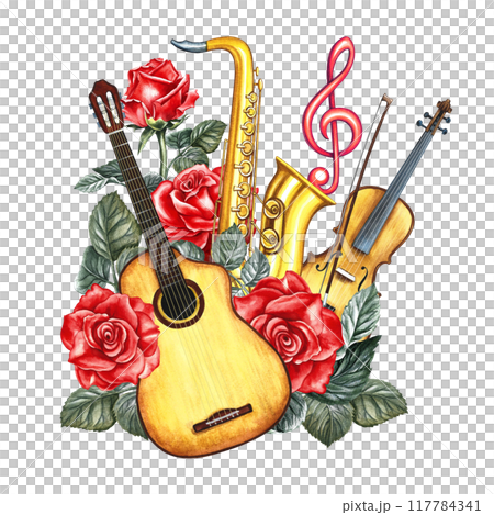 Musical instruments: violin, saxophone, guitar and treble clef decorated with roses. Watercolor illustration made by hand. For posters, flyers and invitation cards, stickers, postcards and prints. 117784341