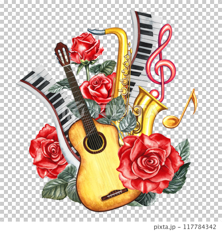 Music. Guitar, saxophone and musical keys decorated with red roses. The watercolor illustration is made by hand. Highlight it. For posters, flyers and invitation cards. For badges, stickers and prints 117784342