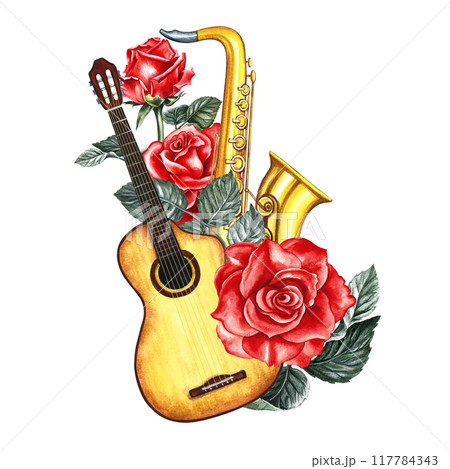 Music. Guitar and saxophone decorated with red roses. The watercolor illustration is made by hand. Highlight it. For posters, flyers and invitation cards, postcards. For logos, stickers and prints. 117784343