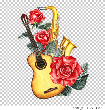 Music. Guitar and saxophone decorated with red roses. The watercolor illustration is made by hand. Highlight it. For posters, flyers and invitation cards, postcards. For logos, stickers and prints. Music. Guitar and saxophone decorated with red roses. The watercolor illustration is made by hand. Highlight it. For posters, flyers and invitation cards, postcards. For logos, stickers and prints. 117784343