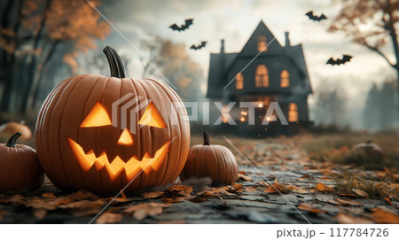 Spooky Halloween pumpkins Jack o'Lantern against dramatic Halloween landscape with old gothic castle and bats. AI-generated item 117784726