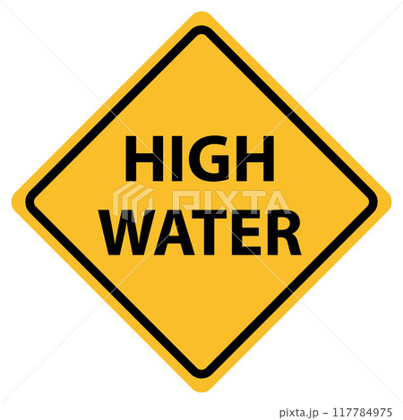 High water caution sign. High water sign and labels symbol. US warning traffic. Road warning logo. flat style. 117784975
