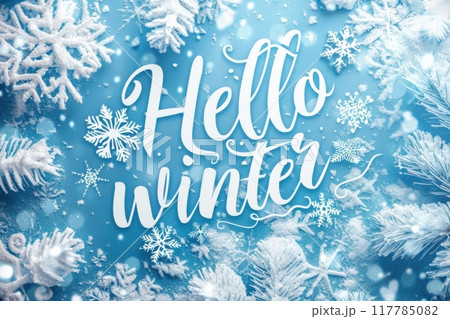 A cheerful winter greeting with snowflakes on a blue background. Generative AI 117785082