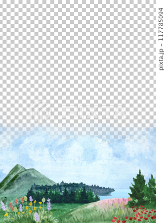 Mountain scenery with forest in the distance, lake and poppies close up. Watercolor hand painted high quality illustration for cards, banners, packages, invitations, notebooks, tourist guides design Mountain scenery with forest in the distance, lake and poppies close up. Watercolor hand painted high quality illustration for cards, banners, packages, invitations, notebooks, tourist guides design 117785094