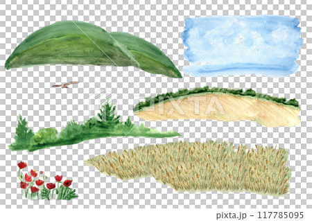 Wheat fields with bush borders, kite, hills, sky and poppy flowers watercolor set isolated on white. Hand painted nature, landscape design elements great for cards, banners, advertisements, guides 117785095