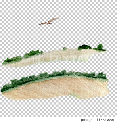Landscape elements, wheat fields with bush borders, kite watercolor set isolated on white. Hand painted nature, landscape, travel design elements great for cards, banners, advertisements, guides decor Landscape elements, wheat fields with bush borders, kite watercolor set isolated on white. Hand painted nature, landscape, travel design elements great for cards, banners, advertisements, guides decor 117785096