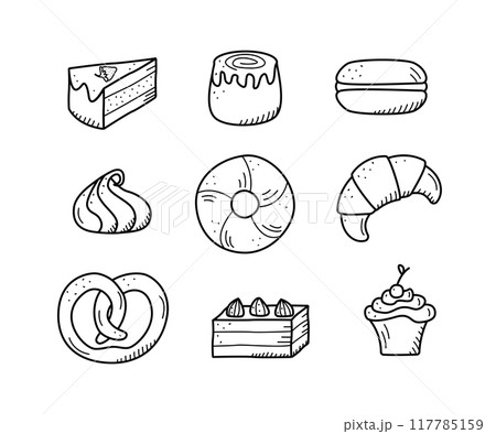 Vector elements of sweet snacks and pastries, coffee dishes. Excellent for decorating cafes and menus. Doodle icon style. 117785159