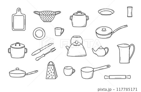Kitchen tools and tableware doodle icon. Vector illustration set of elements cook. 117785171