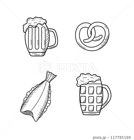 Beer doodle icons set. Vector illustration of Pub elements beer and snacks. Sketch drawing Oktoberfest or bar. 117785189