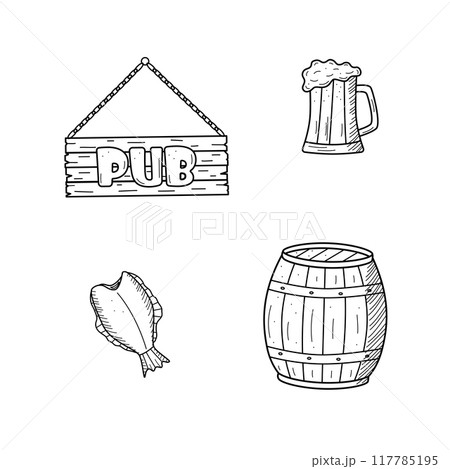 Beer doodle icons set. Vector illustration of Pub elements beer and snacks. Sketch drawing Oktoberfest or bar. 117785195
