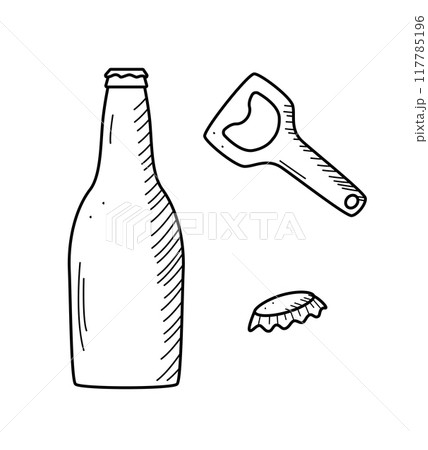 Glass bottle beer icon. Vector illustration of a logo for a bar or pub. Bottle opener and lid doodle sketch isolate on white. 117785196