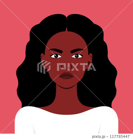 Portrait of young angry African woman. Facial expression of an anger, gloomy and wrath. Vector illustration 117785447