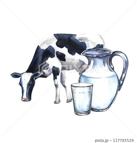 Cow and dairy products in glassware. A hand-drawn watercolor illustration. For advertising banners, flyers with milk, packages with labels of dairy products. For posters, prints, business cards. 117785529