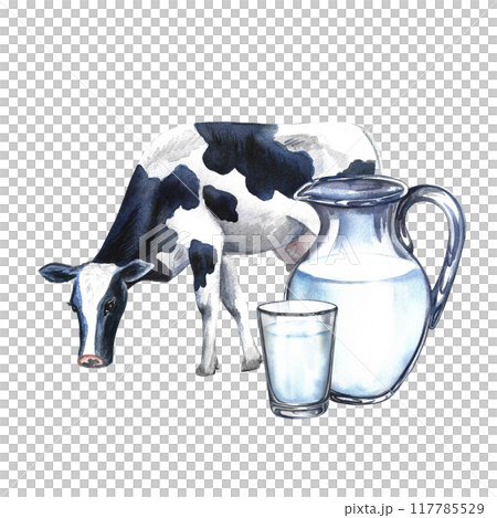 Cow and dairy products in glassware. A hand-drawn watercolor illustration. For advertising banners, flyers with milk, packages with labels of dairy products. For posters, prints, business cards. 117785529