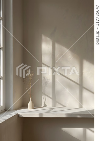 A vase of flowers sits on a wooden shelving fixture next to a rectangular glass window, casting tints and shades onto the flooring and ceiling of the building 117785647