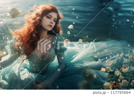 Fantasy illustration with sea princess with fishes and seashells in water. Fantasy illustration with sea princess with fishes and seashells in water. 117785664