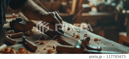 Craftsman Working on Wood in a Workshop. High quality photo 117785673