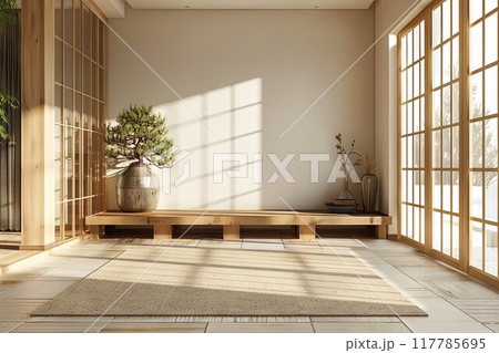 Minimalist Japanese-Inspired Interior with Natural Light and Wooden Decor. High quality photo 117785695