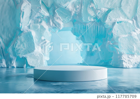 Ice cave interior featuring a circular platform surrounded by glacial formations. Generative AI 117785709