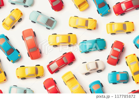 Colorful miniature toy cars on a white surface. Seamless pattern for fabric print. Generative AI Colorful miniature toy cars on a white surface. Seamless pattern for fabric print. Generative AI 117785872