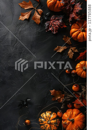 Festive orange pumpkins and autumn leaves,...のイラスト素材 [117785888] - PIXTA