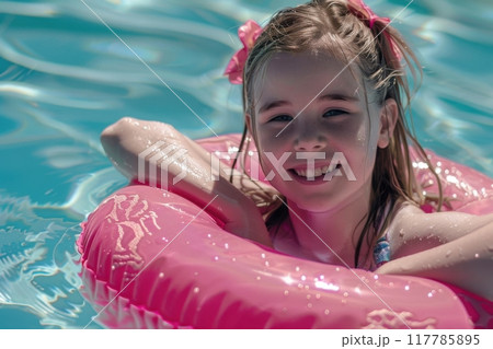 Young girl enjoying a sunny day in a pool with a pink floaty, close up view. Generative AI 117785895