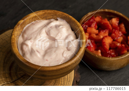 fresh natural yogurt with added strawberry flavor with berries fresh natural yogurt with added strawberry flavor with berries 117786015