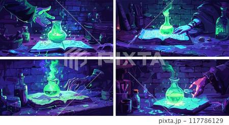 Sorceress hands casting cartoon vector concepts. Wrists gesture fingers grimoire fragment vial toxin flasks tubes elixir enchantment shadow environment crypt mage spells alchemistry illustrations 117786129