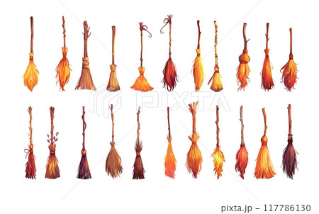 Sorceress brooms cartoon vector collection. Wooden witch staffs branches twigs soaring enchantment occult ceremonies magic spellcasting halloween props, artworks isolated on white background 117786130