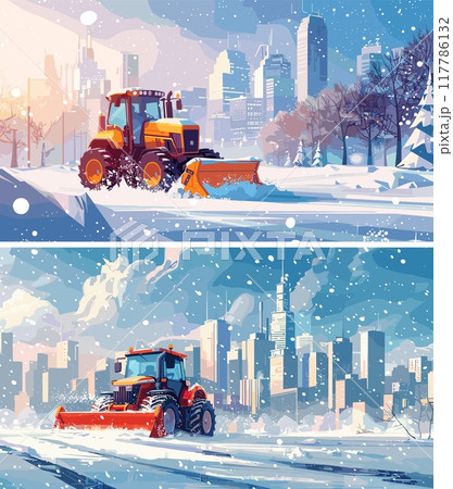 Snow removal tractors cartoon vector illustrations. Winter frost parks avenues pathways equipment clearing vehicles municipal services in action concepts 117786132