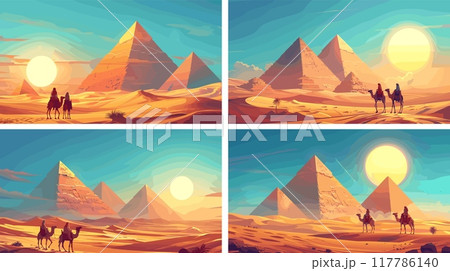 Sand wanderers cartoon vector scenes. Two person group desert sun pyramid camel arabian egyptian bedouins sunlight dune terrain merchants adventurers characters illustrations Sand wanderers cartoon vector scenes. Two person group desert sun pyramid camel arabian egyptian bedouins sunlight dune terrain merchants adventurers characters illustrations 117786140