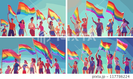 Lgbtq parade cartoon vector scenes. Celebration man woman persons crowd holding multicolored flags banners diverse races embrace queer affection liberty carnival transgender characters concepts 117786224