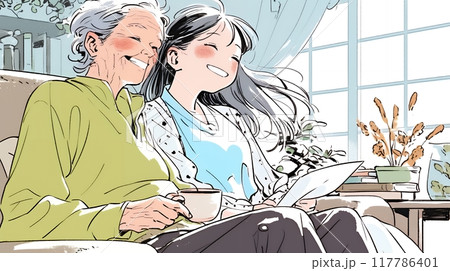 老人福祉施設でゆったりと過ごす老人と仲の良い介護士