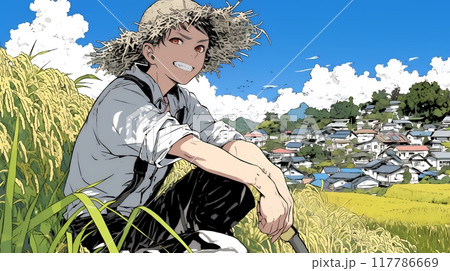 稲刈りをしている男性