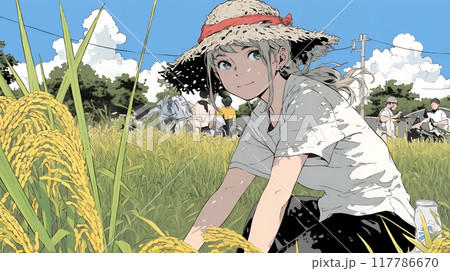 稲刈りをしている女性