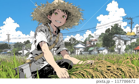 稲刈りをしている男性