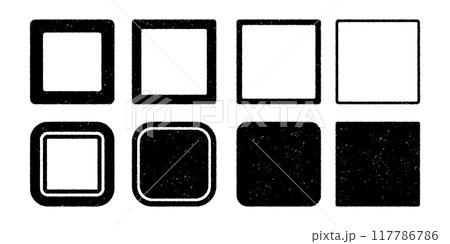 スタンプや活版印刷のような掠れたテクスチャーが入ったラフなシルエットの四角フレームのイラストセット スタンプや活版印刷のような掠れたテクスチャーが入ったラフなシルエットの四角フレームのイラストセット 117786786