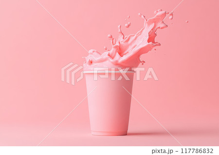 A vibrant pink cup with splashing liquid, showcasing a playful and refreshing beverage against a soft pink background. 117786832