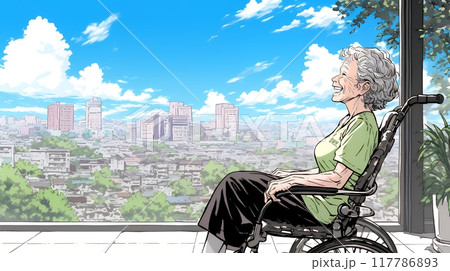 幸せそうに外の景色を眺めているおばあちゃん