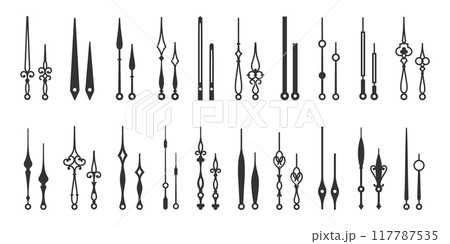 Clock arms. Black hands of clocks, isolated time pointers various design. Retro and modern watches elements, steampunk vintage racy vector clipart Clock arms. Black hands of clocks, isolated time pointers various design. Retro and modern watches elements, steampunk vintage racy vector clipart 117787535