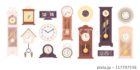 Different cartoon clocks. Retro style mechanical watches, modern digital electric clock. Vintage time measuring elements, racy vector clipart 117787536