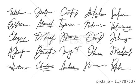 Signatures. Handwriting signature for e-documents and agreements. Calligraphy style autograph, imaginary personal hand written names, racy vector clipart 117787537